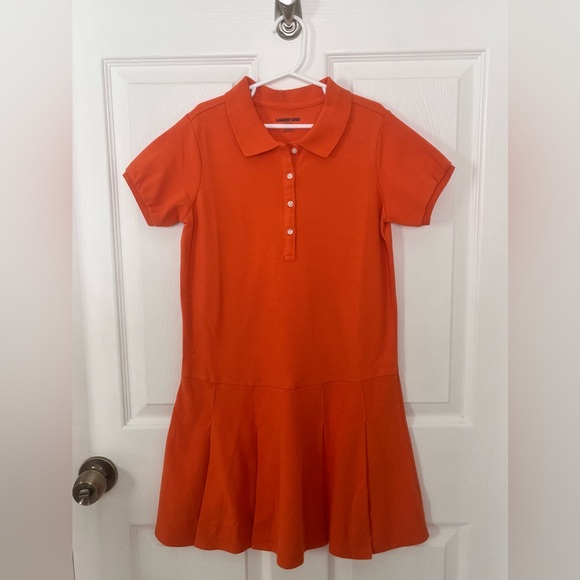 New Land's End Girls 8 School Uniform Polo Dress Pleat Orange Short Sleeve NWOT - Picture 3 of 8